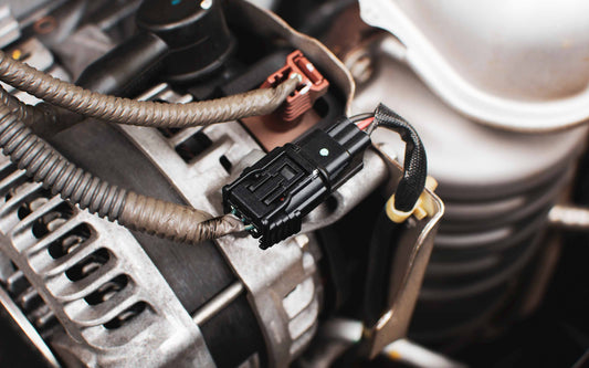 Close-up of a car alternator showing its housing, cooling vents, and electrical connector with attached wires