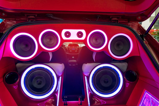 custom car audio system with illuminated speakers and subwoofers